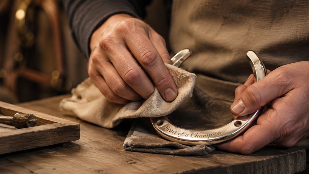 Hand-polishing an engraved horseshoe in our restoration workshop