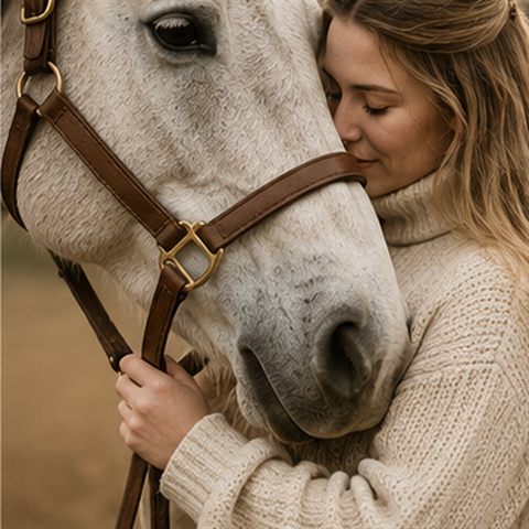 Owner embracing her grey horse