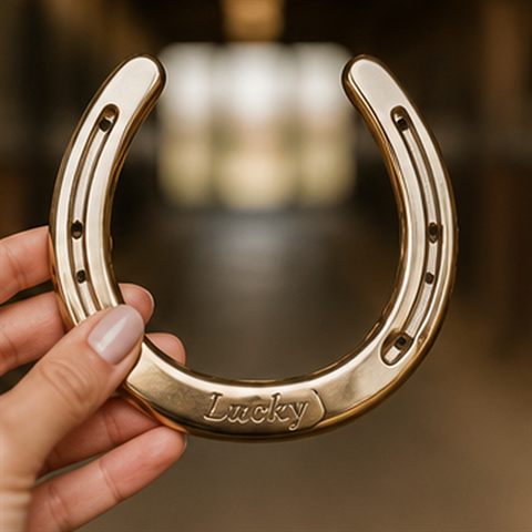 Hand holding polished horseshoe engraved Lucky