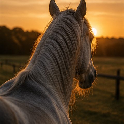 Horse in a pasture at sunset