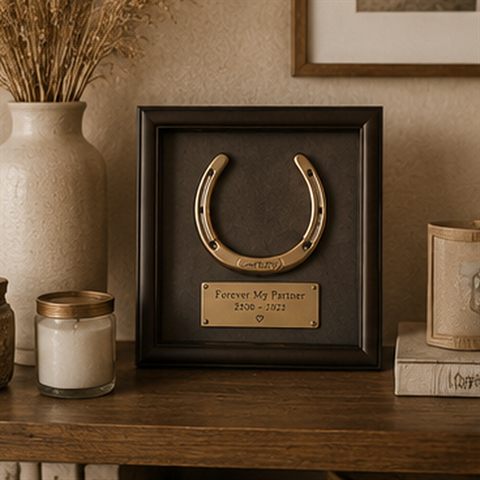 Framed horseshoe keepsake styled on a shelf