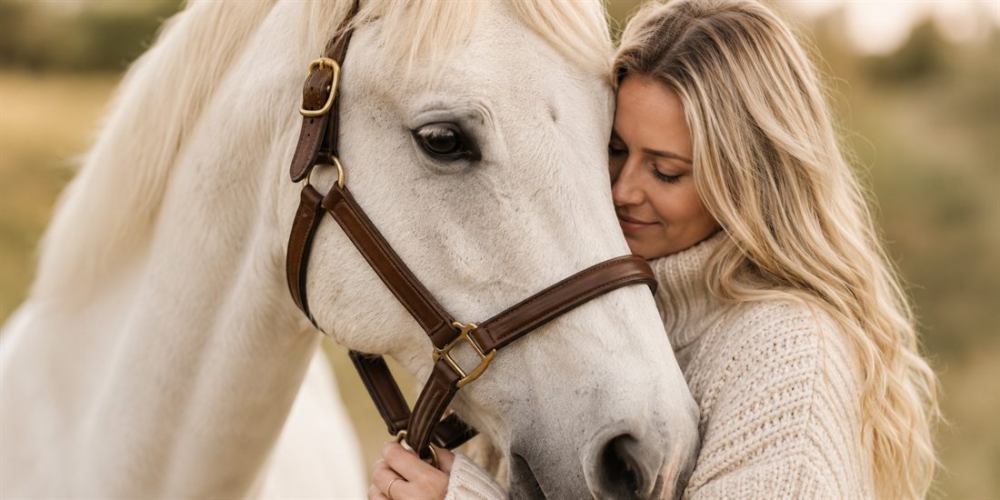 Horse owner embracing her horse